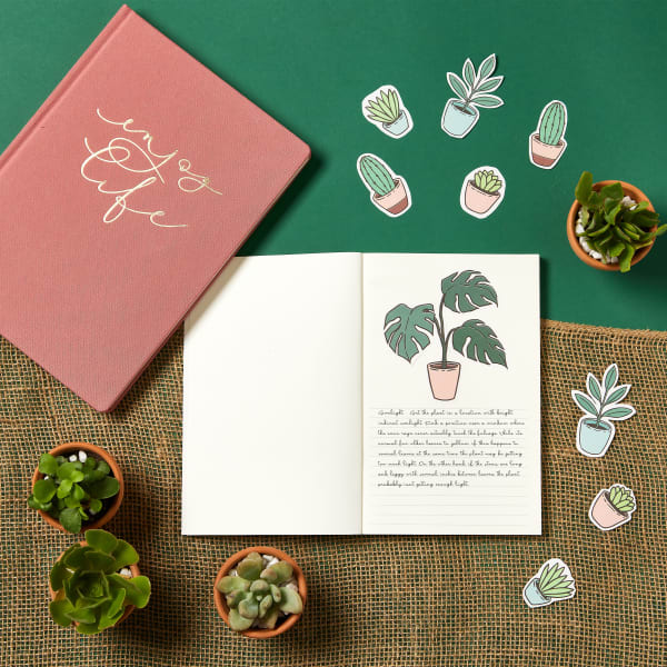 Top down view of an emerald green table decorated with burlap and succulents on the table is an open journal showing and plant decals made with Avery product 61512.