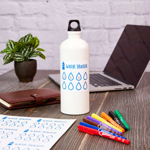 A sticker template for tracking water intake shown in use on a water bottle and marked off with Avery permanent markers 9231.