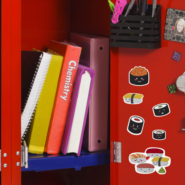 Cute sushi decal stickers shown applied on the inside of a red metal school locker.