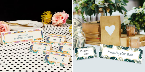 Two examples of Avery large and small tent cards used for wedding tables. One example shows ivory tent cards personalized for table markers and the other example shows white tent cards used for the reception table. 