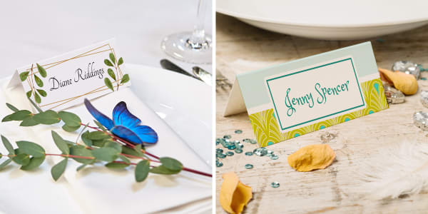 Two examples of personalized wedding cards for place settings. One is made with ivory Avery place cards 5012 and the other with white Avery place cards 16109.