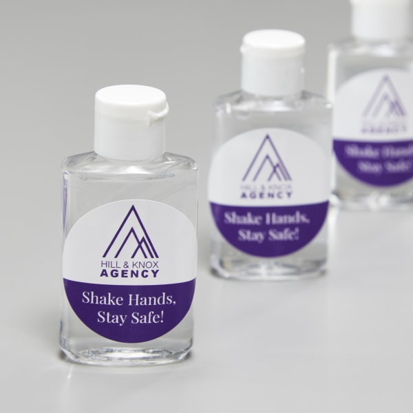 Hand sanitizer for swag bags shown customized with Avery labels 22807.