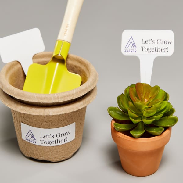 An eco-friendly swag bag idea of a plant and biodegradable pot labeled with Avery eco-friendly labels 48160.