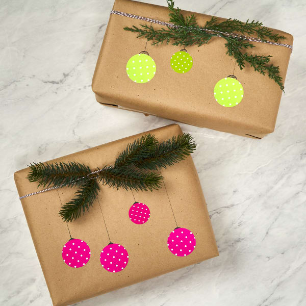 DIY ornament stickers for gift wrapping using Avery labels. 