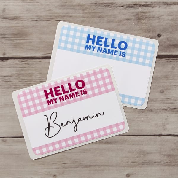 Gingham print "Hello My Name Is" stickers in pink and blue. The pink gingham stickers are perfect for making Barbie party name tags. 