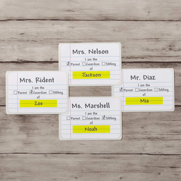 A cute name tag idea for back-to-school night to looks like lined paper. The design has a place for the teacher and student names as well as checkboxes for parent, guardian, or sibling. 