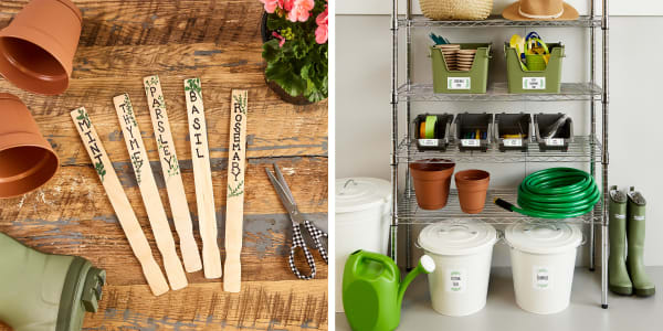 Two photos side by side. The right side image shows a rustic wooden table with garden markers made from stir sticks surrounded by miscellaneous garden items including scissors, a plant, planting pots and a rubber boot. The left side shows a storage rack with neatly organized gardening supplies including a hat, a straw basket, garden hose, planting pots, watering can and rubber boots as well as neatly labeled small and medium storage bins and soil and composting cans.