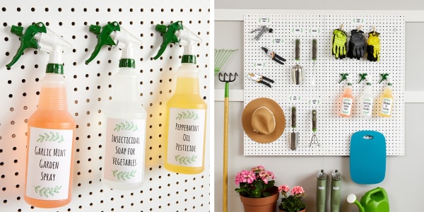 Two photos demonstrating pegboard storage for gardening supplies. One shows a close up of three spray bottles filled with different liquids hanging on pegboard hooks and labeled with Avery waterproof labels. The other photo shows a larger view of the pegboard with many more small gardening tools and supplies. 