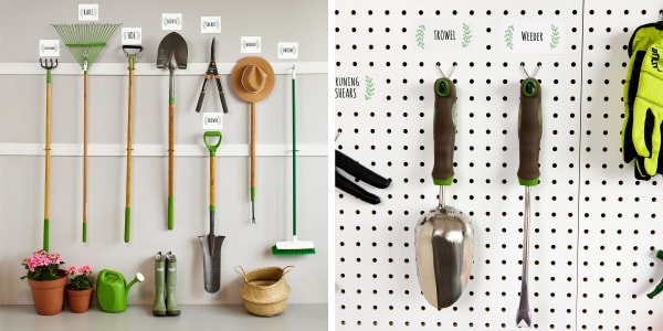 Two photos comparing vertical storage for small and large gardening tools. The photo on the left shows large garden tools organized on a garage wall using spring grip wall mounts. The second image shows a close up of small garden tools organized on a pegboard. All the tools are neatly labeled with Avery waterproof labels personalized with text and a green sprig graphic. 