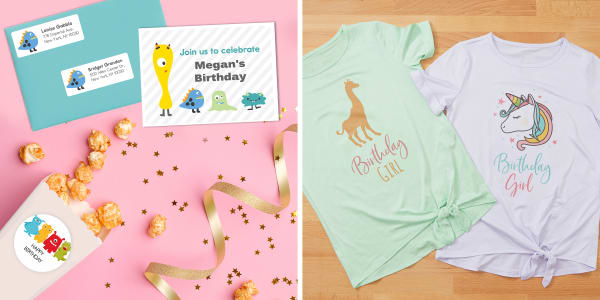 Two images showing personalized Avery products. One image shows a pink table with festive gold confetti and ribbon. On the table is a custom monster-themed invitation with matching address labels and a matching label on a bag of popcorn. The other image shows two DIY t-shirts on a wooden table. One has a giraffe and one has a unicorn. Both read “Birthday Girl.”