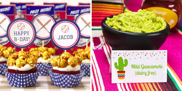 Two images of party food personalized with Avery products. One image shows cupcakes topped with caramel popcorn and personalized cupcake toppers for a baseball-themed birthday party. The other image shows a close up of a small bowl of guacamole on buffet table. In front of the bowl is an Avery tent card that reads “Mild Guacamole (dairy free)” and is decorated with a cute cactus graphic.
