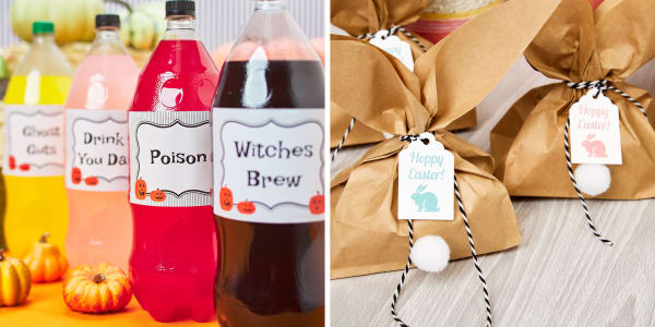 Two images side by side. Left image shows 2-liter soda bottles with “potion” labels for a Halloween party. The right image shows goody bags for Easter with an Avery tags that read “Happy Easter” and has a cute pastel bunny graphic. The goody bags are made from brown paper lunch bags with the tops cut to look like bunny ears.