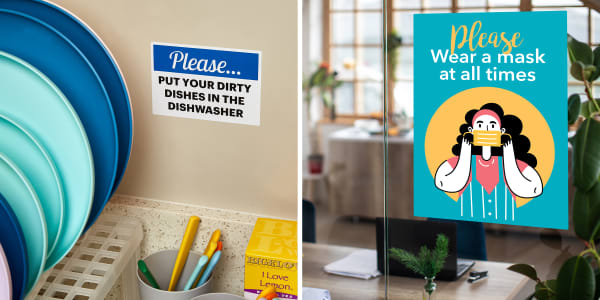 Two photos side by side. The left side shows an Avery adhesive office sign 61516 that reads "Please put your dirty dishes in the dishwasher" posted above an office kitchen sink. The photo on the right shows an Avery sign 61515 with predesigned template that reads "Please wear a mask at all times" posted on a glass door in an office space. 