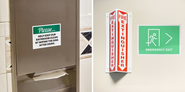 Two photos of office signs. One shows an Avery Surface Safe adhesive sign 61516 on a metal paper towel dispenser in a bathroom. The sign reads "Please help keep our bathroom clean by wiping the sink after using." The other photo shows and adhesive sign that indicates the direction for an emergency exit posted on a wall near a fire extinguisher. 