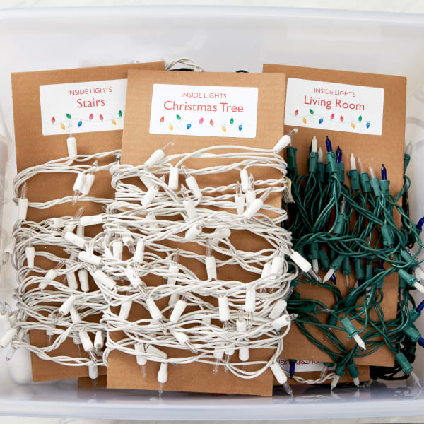 An example of how organize Christmas lights by room using cardboard.