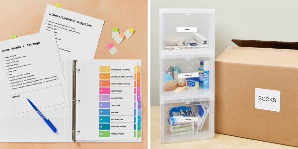 Two examples of supplies used for dorm organization. One example is Avery binder 17002 and divider 11135 used to organize categories of dorm supplies. Another example shows labels on dorm storage and a moving box. 
