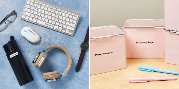 Two examples of Avery labels used for dorm items. One example shows waterproof and self-laminating labels on items that get a lot of wear and tear. Another example shows clear labels used for cute pink dorm storage bins.