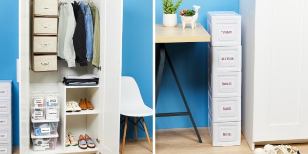 Two examples of space-saving dorm organization ideas. The first example shows a closet organized with extra hanging storage and extra bin storage. The second example show slim storage drawers used in the awkward space between furniture. 