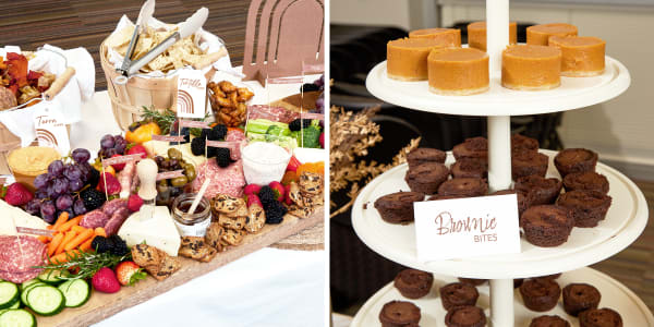 Two images side by side. Left image shows a table topped with baby shower party food and labeled with toothpick flags and Avery tags 22802. Right image shows three tiered plate with dessert bites and Avery place card 5302 that reads “Brownie Bites.”