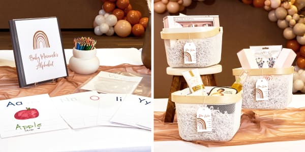 Two images showing different baby shower ideas. Left image shows a baby alphabet book made from an Avery report cover 47781 and several pages with letters at the top. Right image shows three small gift baskets filled with spa items and Avery gift tag 22802 on the handle that personalized with graphics and text that reads “You Won.”