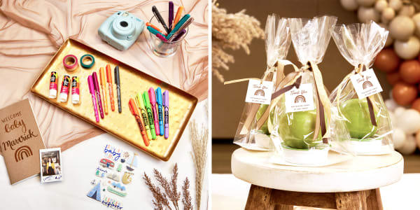 Two images side by side. Left image shows supplies for a baby shower guestbook and a gold tray with decorating supplies including tape and Avery markers 9231, Hi-Liters 23585, and Glue Stic 00164. Right image shows three clear treat bags, each containing a green apple, dip container and an Avery gift tag 22849 tied with ribbon that reads “Thank You.”