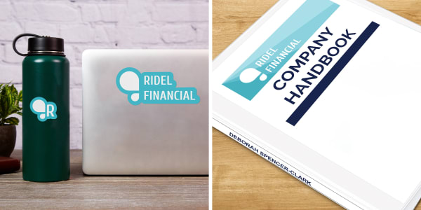Two photos of branded items for new hires. One image shows custom printed vinyl logo stickers applied on a water bottle and laptop sitting on modern wood desktop with a white washed brick background. The other image shows a half inch Avery binder with customized company handbook binder cover and spine inserts.