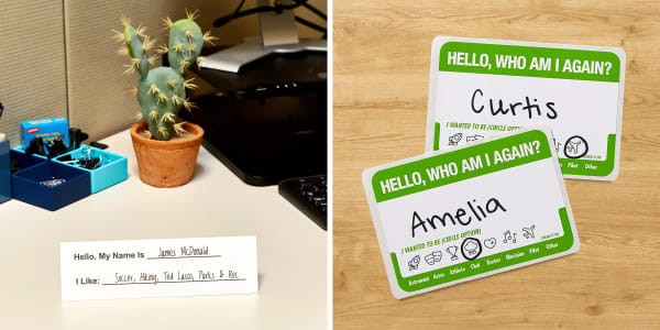 Two images side by side. Left side shows an office cubicle desk with a conversation-starter tent card. The tent card reads, “Hello, My Name Is” and “I Like” with handwritten answers. Right image shows Avery icebreaker adhesive name badges. The adhesive name tags have “Hello, Who Am I Again?” with fun graphics to circle.