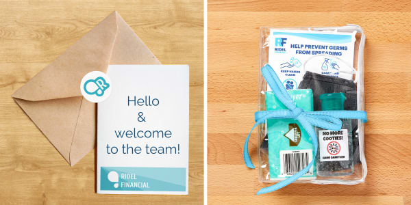 Two square images next to each other. Left image shows an Avery greeting card printed with “Hello & welcome to the team!” on the front next to an envelope with a logo sticker used as an envelope seal. Right image shows a small branded kit which includes hand sanitizer, tissues, a face mask and a card that features germ-prevention tips.