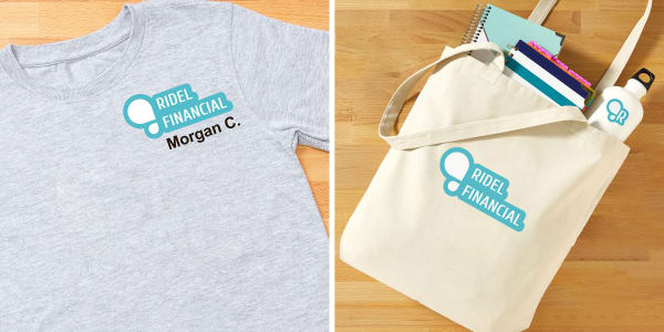 Two images of welcome kit items customized with Avery fabric transfers. Left image shows a company tee personalized with a new employee’s name. Right image shows a canvas tote bag customized with a company logo.