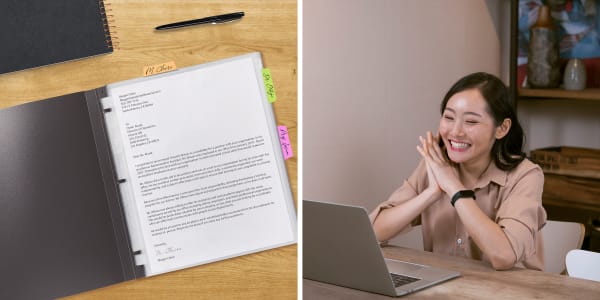 Two images side by side. Left image shows an open Avery report cover showing interview reference materials and Ultra Tabs along the sides. Right image shows a woman sitting in front of a laptop during a remote interview.