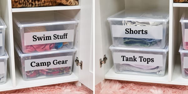 Summer organizing labels shown on clear bins with clothing separated by "swim stuff," "camp gear," "shorts," and "tank tops." Featuring Avery matte clear labels which have a frosted effect on clear surfaces. 
