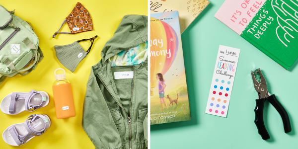 An example of how to use Avery no-iron labels 40700 to label items for travel is shown next to a colorful DIY bookmark. Avery product 16154 is used to create a punch-style bookmark to track a reading challenge.