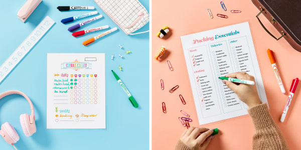 Avery adhesive laminating sheets 73601 are used to make summer organizing lists reusable. The lists are show with Avery dry-erase markers 24459 for writing on them.