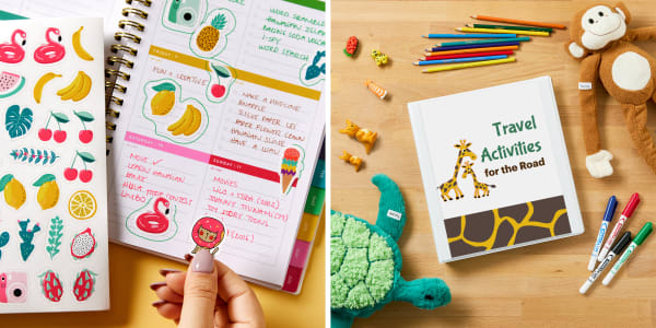 Two images are side by side. One shows a planner spread with cute summer planner stickers from the Avery 6784 sticker pack. The other shows Avery binder 79799 turned into a travel activities binder for kids.