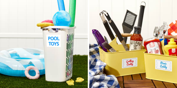 Two ideas for outdoor summer organizing with Avery waterproof labels. One idea shown is how to use a laundry basket for pool toys. The other idea demonstrates DIY caddies for grilling tools and picnic supplies. 