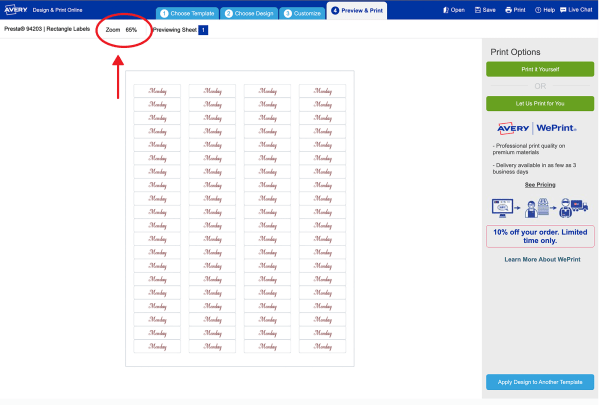 How to review your DIY planner sticker design in Avery Design and Print Online. The screen shot shows where to zoom in and view different sheets.