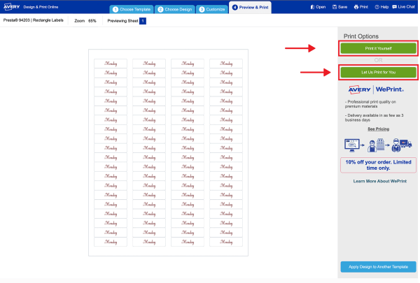 A screen shot of the preview & print screen in Avery Design and Print online that shows you were to choose printing at home or getting custom-printed DIY planner stickers. 