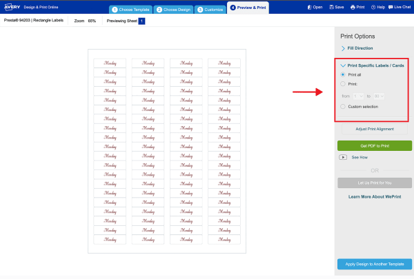 A screen shot highlighting where to choose print options in Avery Design and Print Online if you are printing the project yourself. 