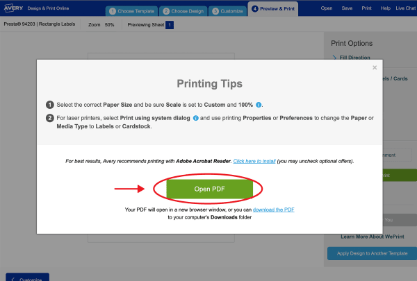 The pop up window in Avery Design and Print Online that gives you the option to open a PDF file of your DIY planner sticker project. 