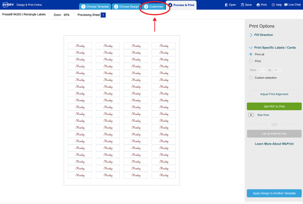 A screen shot indicating where to click to go back to editing in Avery Design and Print online if the PDF file doesn't look right. 