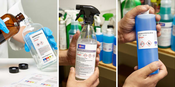 Three secondary container examples for hazardous chemicals in the workplace. The first example is a laboratory bottle with an isopropanol GHS label. The second is a spray bottle with a GHS label for ammonium hydroxide. The third is a squeeze bottle with a GHS label for sodium hypochlorite.