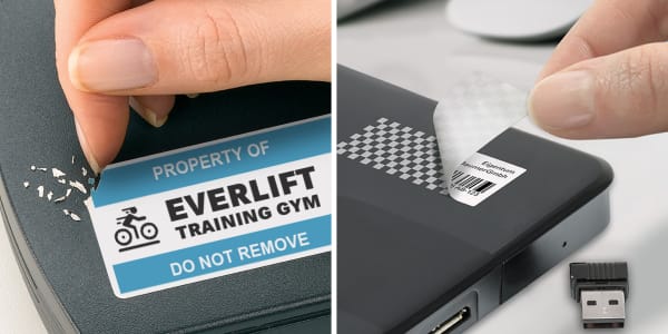 Two images Avery asset tags shown in use for tracking equipment assets. One image shows a professional heat press with Avery asset tag 60538, the other image shows a close up of lab equipment labeled with Avery asset tag 60537.