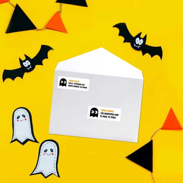 Halloween template for Avery 5160 labels that features a cute little black video game ghost.