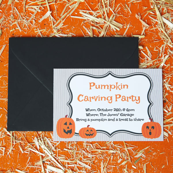 A pumpkin carving party invitation printed on Avery 8387. Shown with a contrasting black envelope.
