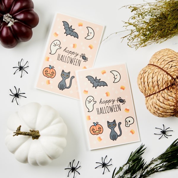 A pastel Halloween greeting card template printed on Avery 3378 half-fold cards. 