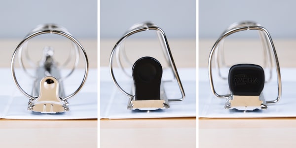 A closeup, visual comparison of the different types of rings available in the best home office binders. Round rings, which are a good option on a budget, slant rings which hold more sheets that round and lay flat, and EZD rings which are a type of D ring that holds the most sheets, lays flat, and has no gap. 