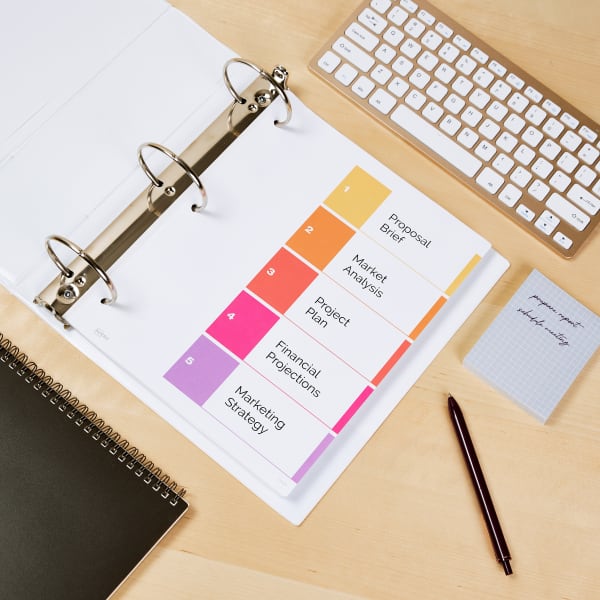 Avery 79193 3" white binder is shown opened and filled with Avery 11131 5-tab dividers which have a printable table of contents sheet.