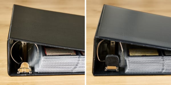 A side-by-side view of a round-ring binder and an EZD-ring binder with a stack of trading cards. Shows that a round-ring binder can make an uneven stack of pages that can damage cards while a EZD-ring keeps pages flat.