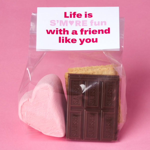 A bag with s'more ingredients is closed with Avery 5302 tent card. The tent card features a Valentine's Day template that reads, "Life is s'more fun with a friend like you."