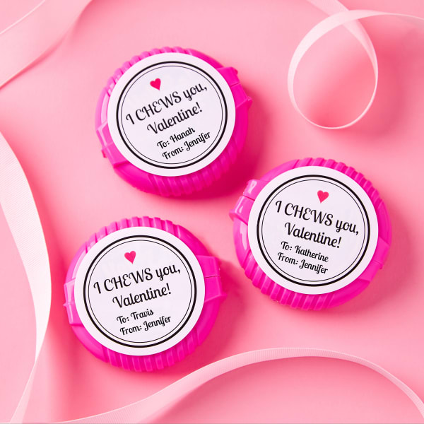 Pink bubble gum tape containers made into Valentines with a template for Avery 5294 round labels. The template reads, "I CHEWS you, Valentine!"